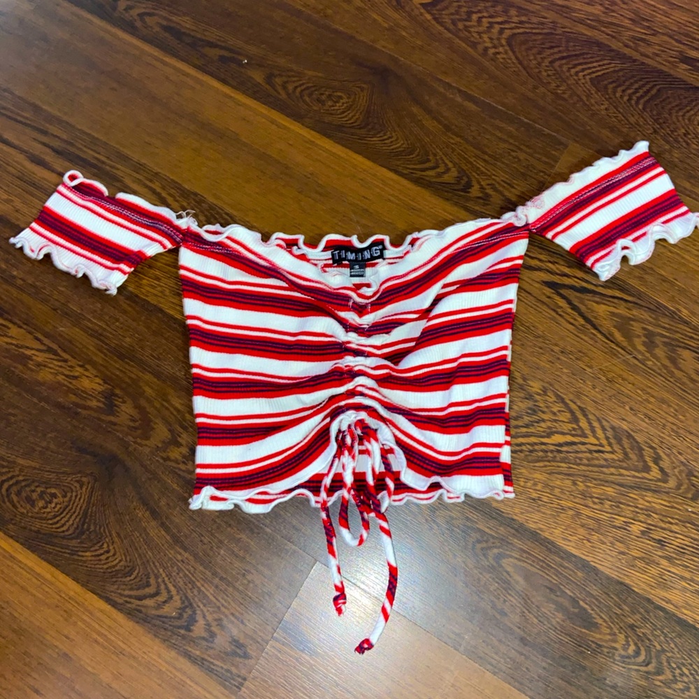 Timing Size Small Of the Shoulder Adjustable Tie Cropped Top Red White & Navy